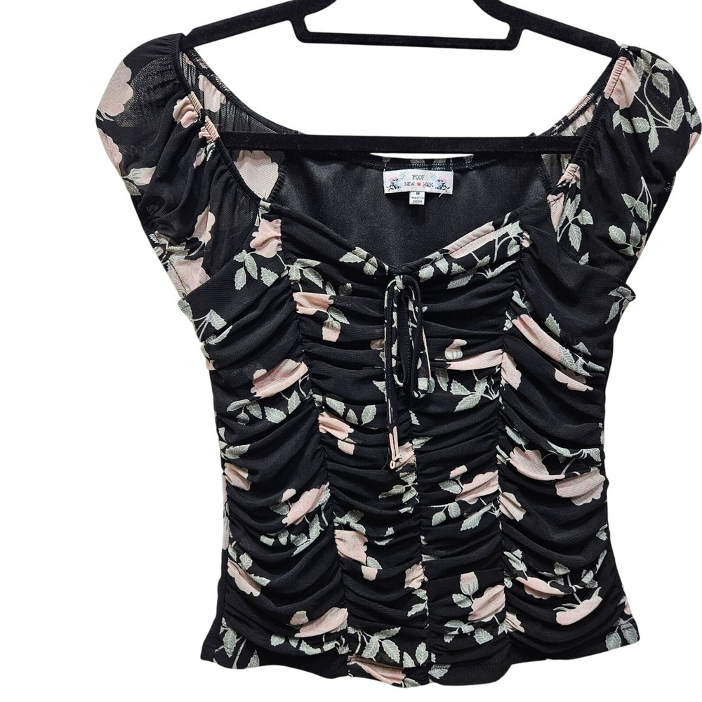 Ruched Floral Black Top Pink White Roses Medium Poof New York Blouse Coquette
